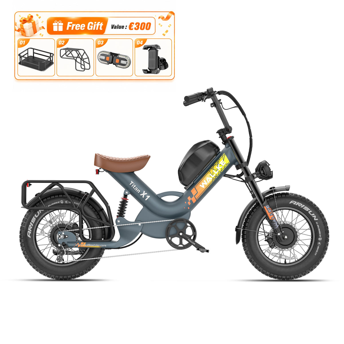 WALLKE Titan X1 AWD Bicicleta elétrica todo-o-terreno com pneus largos e dois motores | Potência máxima de até 4000 W
