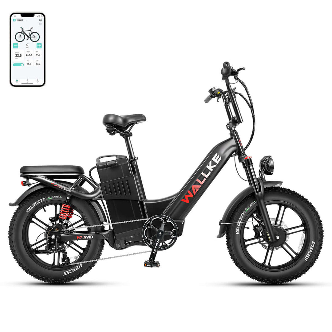 Wallke H7 intelligent cruiser e-bike in black with Samsung battery, full suspension, dual-motor, and step-thru frame for ultimate comfortable