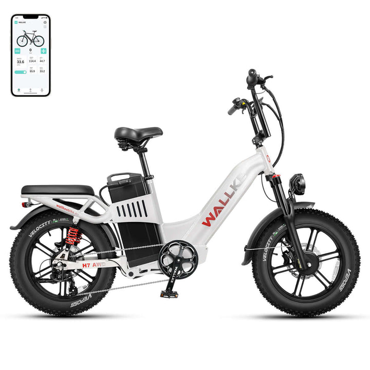Wallke H7 intelligent cruiser e-bike in white with Samsung battery, full suspension, dual-motor, and step-thru frame for ultimate comfortable