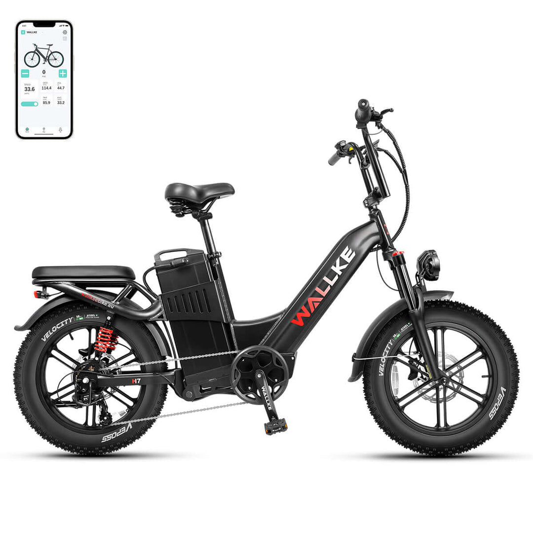 Wallke H7 intelligent cruiser e-bike in black with Samsung battery, full suspension, powerful motor, and step-thru frame for ultimate comfortable