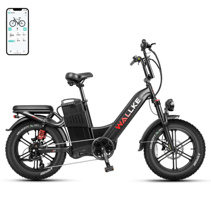 Wallke H7 intelligent cruiser e-bike in black with Samsung battery, full suspension, powerful motor, and step-thru frame for ultimate comfortable