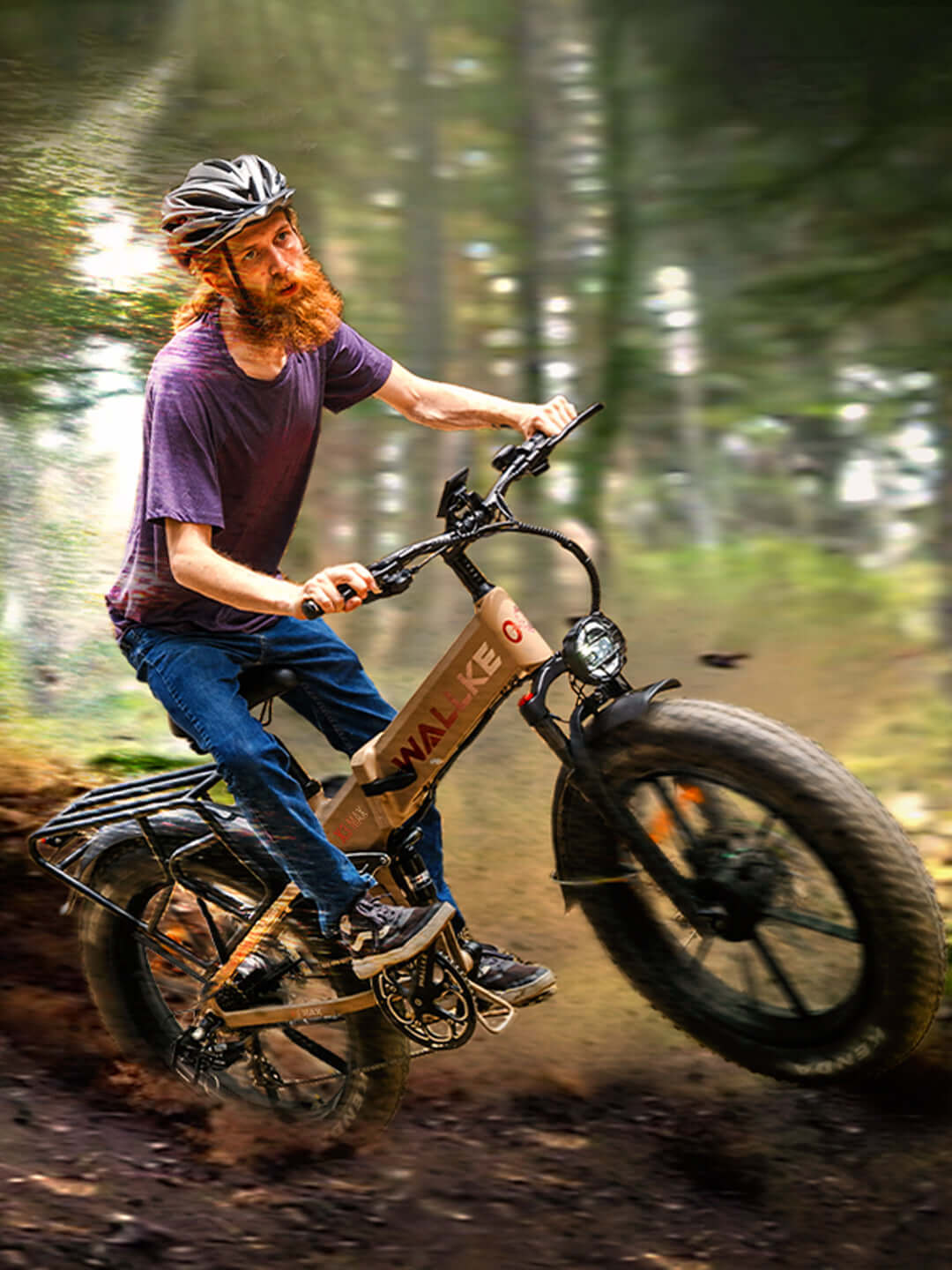 X3 electric bike navigating through a dense forest, offering a smooth and eco-friendly ride for nature enthusiasts.