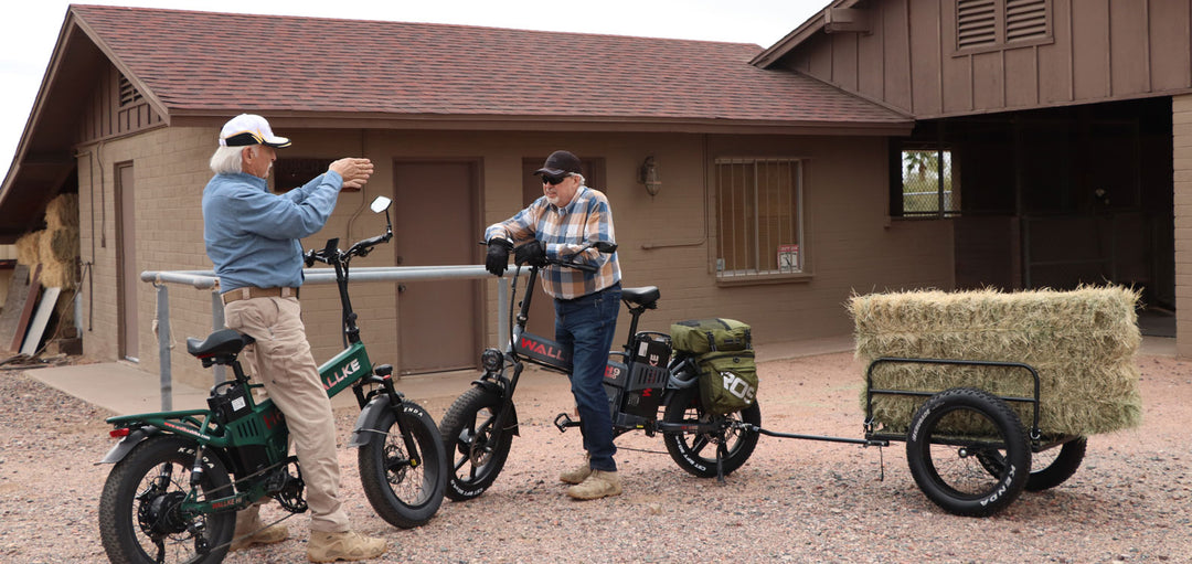 Riding an electric bike through a horse ranch, showcasing the blend of adventure and serene outdoor experience.