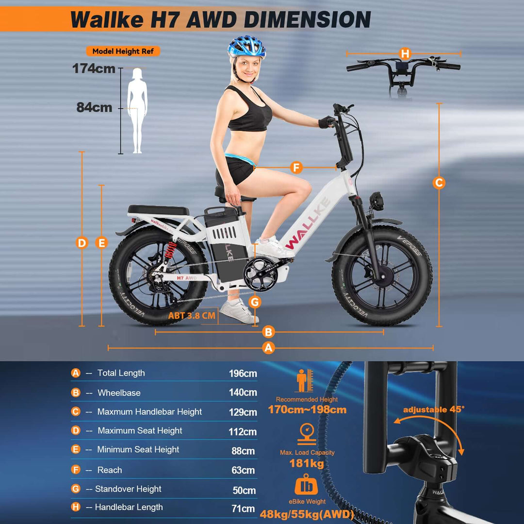 H7 AWD e-bike dimensions, crafted for a comfortable and smooth ride on urban streets and off-road paths.