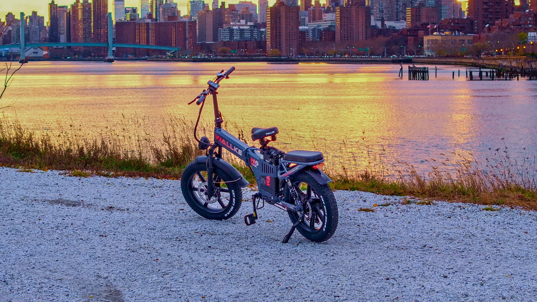 Enjoying a serene ride on an electric bike by the lakeside at sunset, soaking in the beautiful evening views.