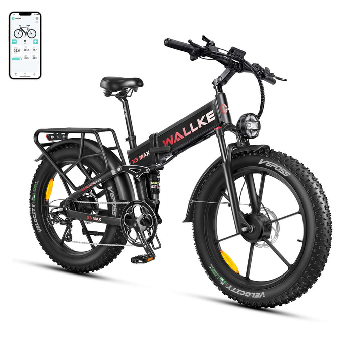 Wallke X3 intelligent e-bike in black with Samsung battery, full suspension, dual motor, and foldable frame for an unmatched powerful riding experience