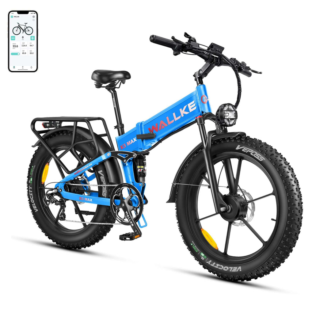 Wallke X3 intelligent e-bike in blue with Samsung battery, full suspension, dual motor, and foldable frame for an unmatched powerful riding experience