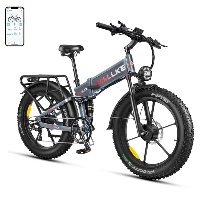 Wallke X3 intelligent e-bike in gray with Samsung battery, full suspension, dual motor, and foldable frame for an unmatched powerful riding experience