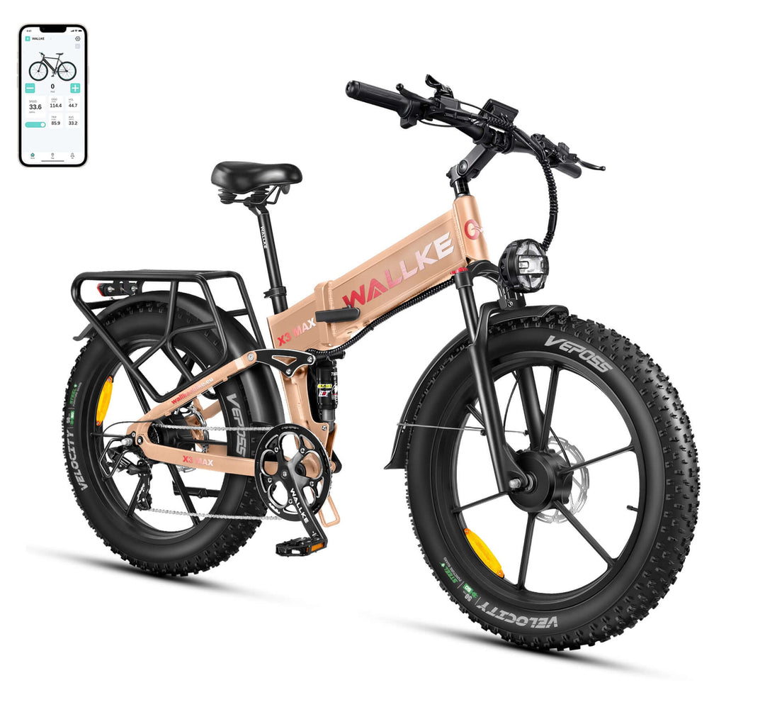Wallke X3 intelligent e-bike in khaki with Samsung battery, full suspension, dual motor, and foldable frame for an unmatched powerful riding experience