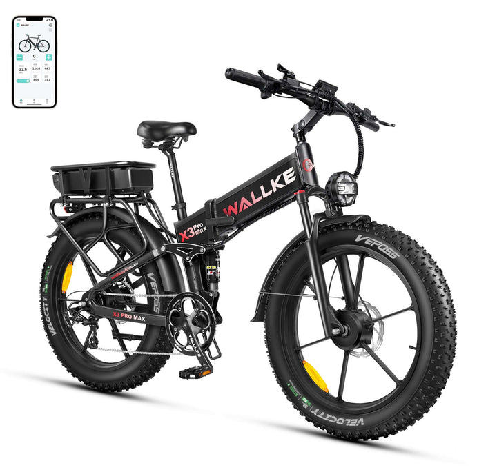 Wallke X3 Pro Max e-bike in black with dual Samsung batteries, full suspension, dual motor, 24-inch fat tires, and a foldable frame to meet all challenges