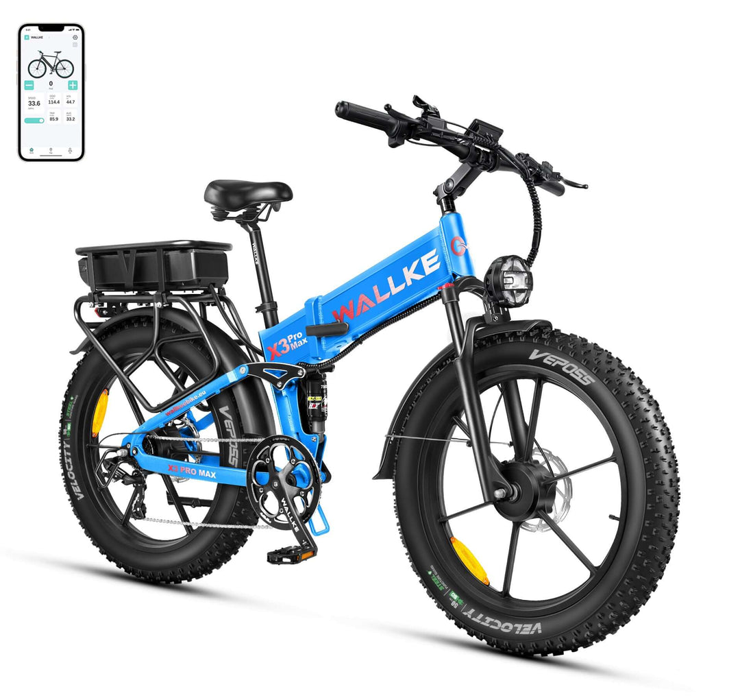 Wallke X3 Pro Max e-bike in blue with dual Samsung batteries, full suspension, dual motor, 24-inch fat tires, and a foldable frame to meet all challenges