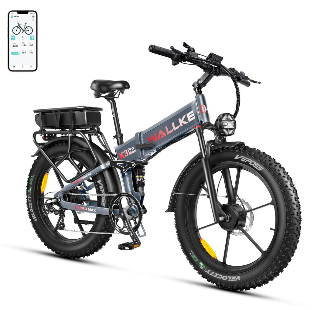Wallke X3 Pro Max e-bike in gray with dual Samsung batteries, full suspension, dual motor, 24-inch fat tires, and a foldable frame to meet all challenges