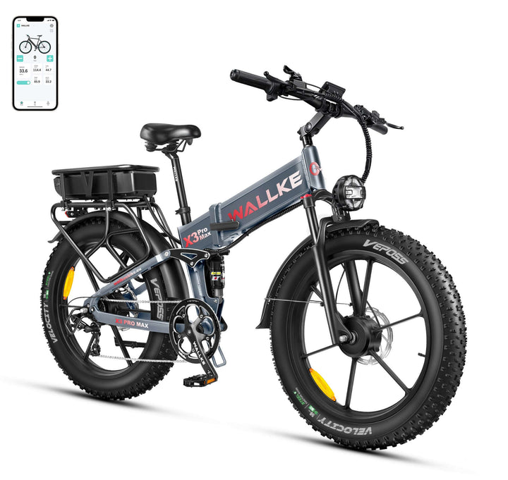 Wallke X3 Pro Max e-bike in gray with dual Samsung batteries, full suspension, dual motor, 24-inch fat tires, and a foldable frame to meet all challenges