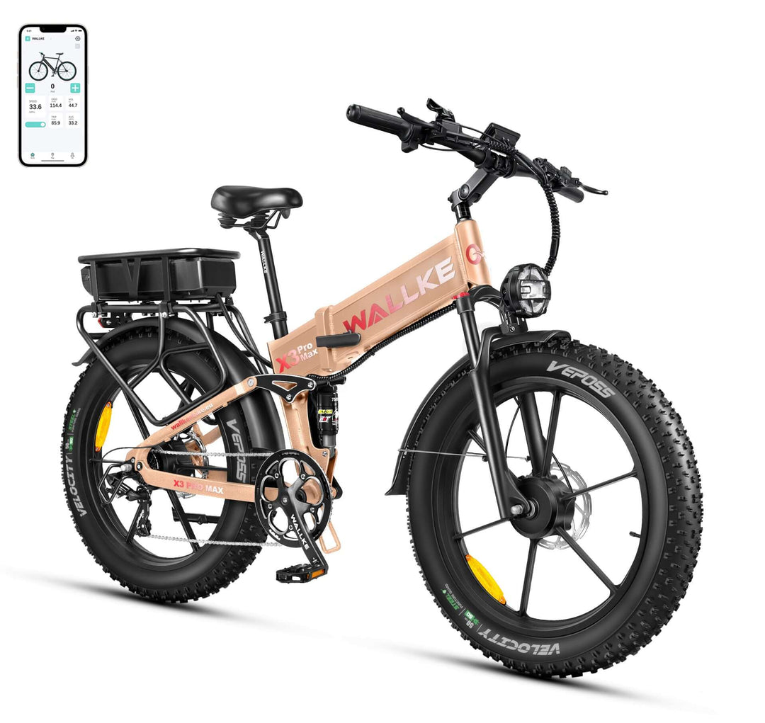 Wallke X3 e-bike in khaki with dual Samsung batteries, full suspension, dual motor, 24-inch fat tires, and a foldable frame to meet all challenges