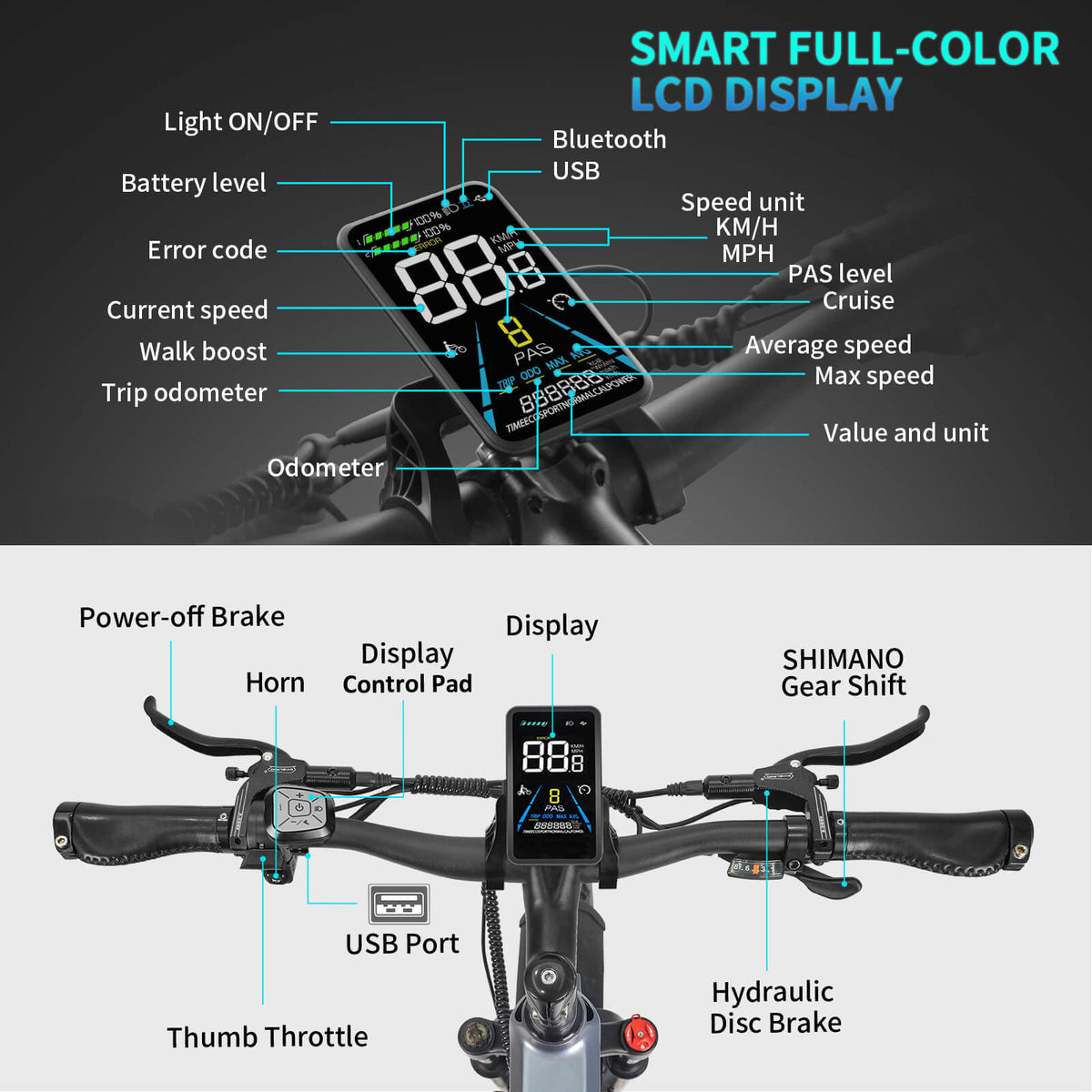 The Wallke X3 Pro smart display will provide us with all the important parameters: speed, mileage, ride time, motor, ODO, battery level and power assist. It has a brightness sensor that detects ambient light and adjusts the brightness of the display accordingly, which makes reading easier while driving