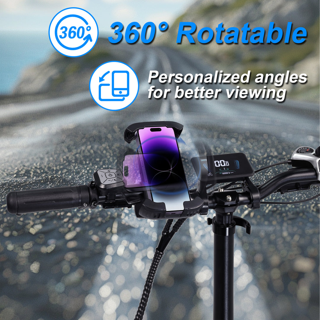 E-bike phone holder with 360° rotation, providing personalized angles for better views.
