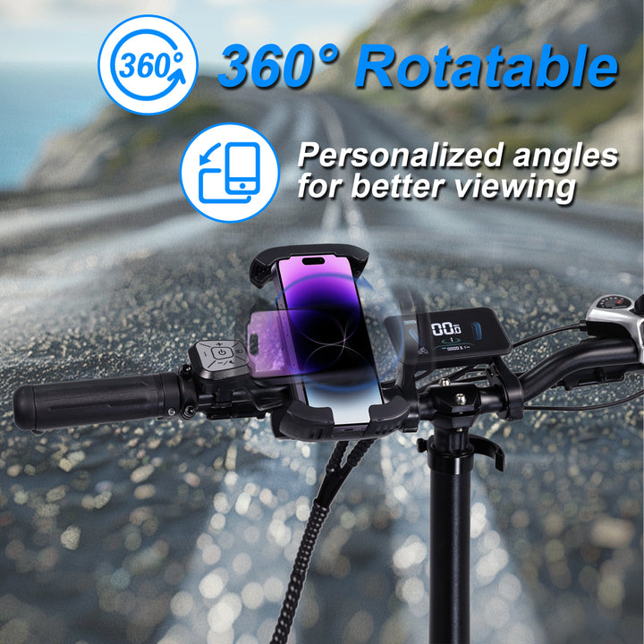 E-bike phone holder with 360° rotation, providing personalized angles for better views.