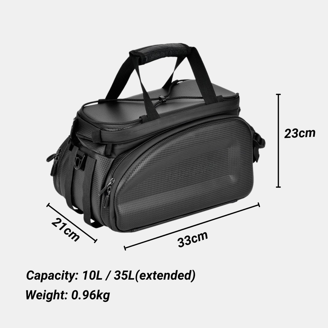 Easy-to-install 35L trunk bag for electric bikes, with adjustable straps and waterproof zippers to secure your belongings.
