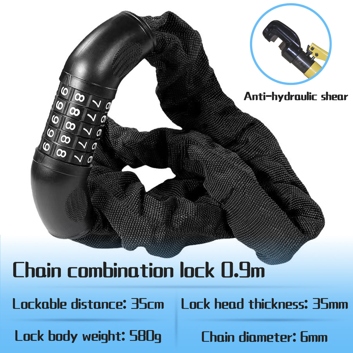 Anti-hydraulic shear chain lock for e-bikes, with a robust 35mm lock head and secure 0.9m chain length.