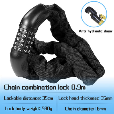 Anti-hydraulic shear chain lock for e-bikes, with a robust 35mm lock head and secure 0.9m chain length.