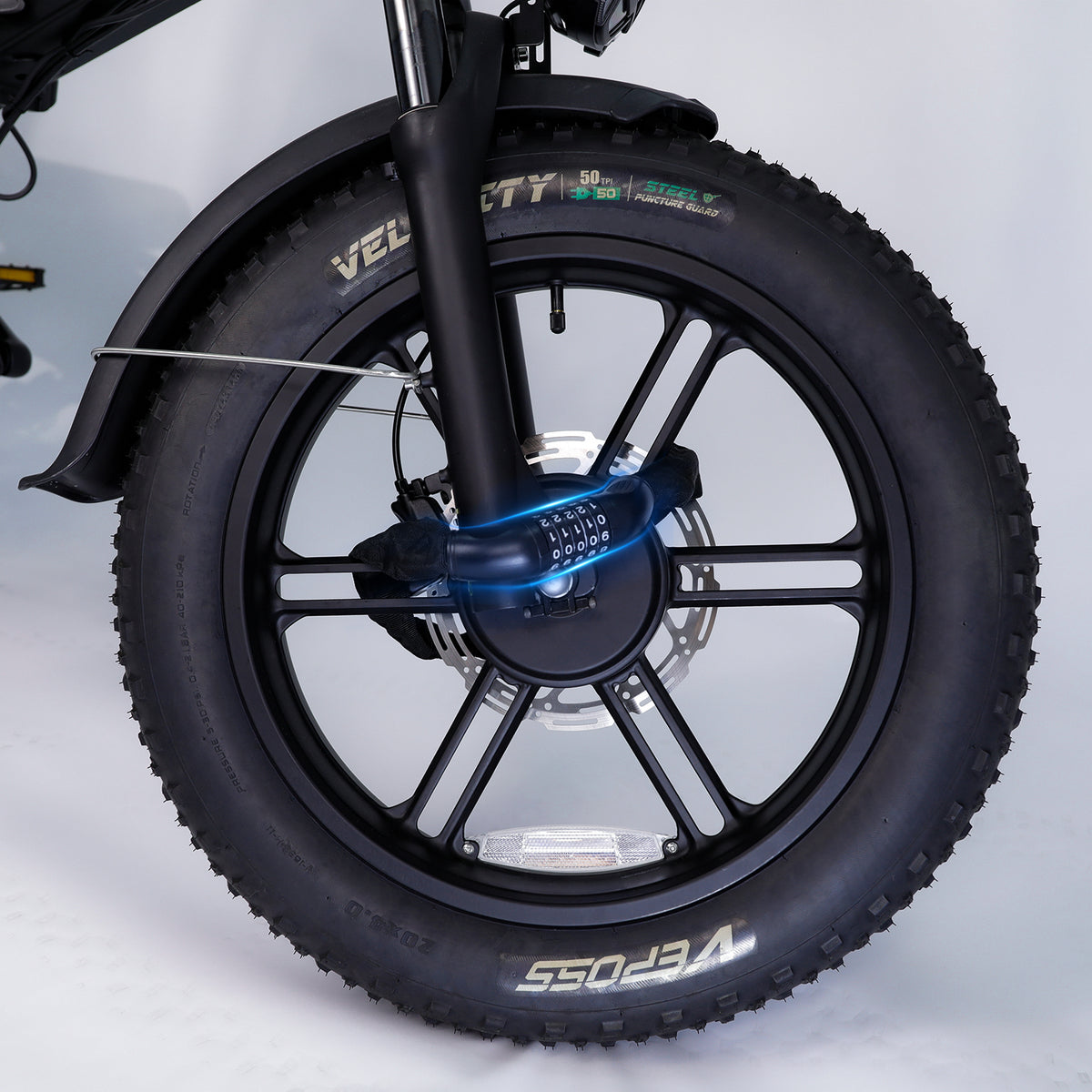 Anti-theft password chain lock for fat tire e-bike front wheel, ensuring secure rides in urban environments.