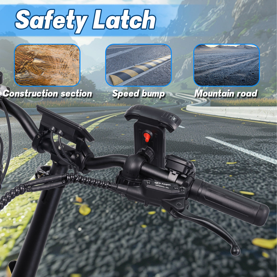 Durable safety latch on e-bikes, designed for smooth navigation on construction and mountain trails.
