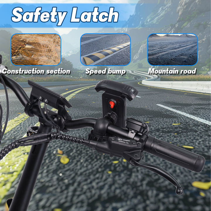 Durable safety latch on e-bikes, designed for smooth navigation on construction and mountain trails.
