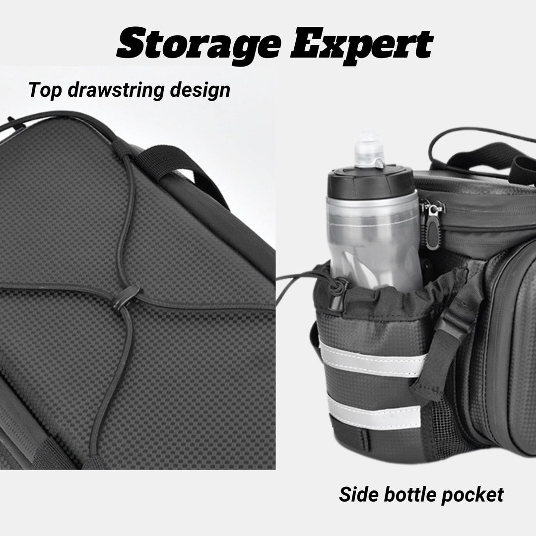 Durable 35L waterproof trunk bag for electric bikes, featuring zippered pockets and reflective safety straps.