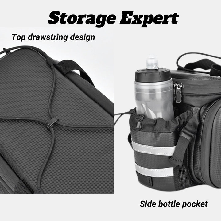Durable 35L waterproof trunk bag for electric bikes, featuring zippered pockets and reflective safety straps.