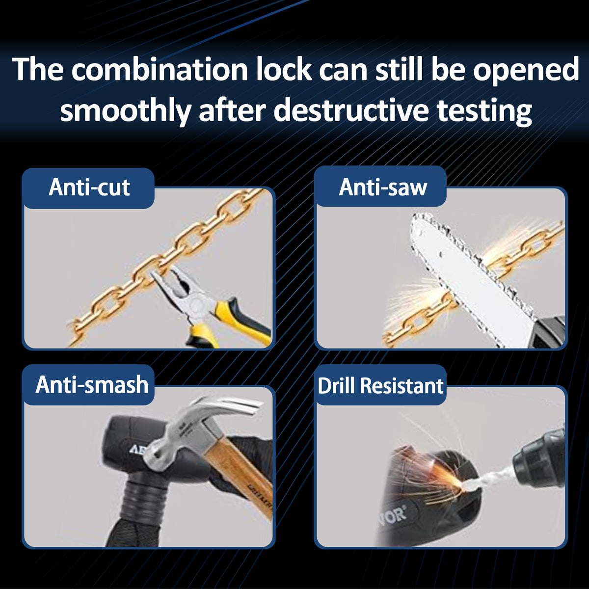 Combination lock for electric bicycles with anti-cut, anti-smash, and drill-resistant features.